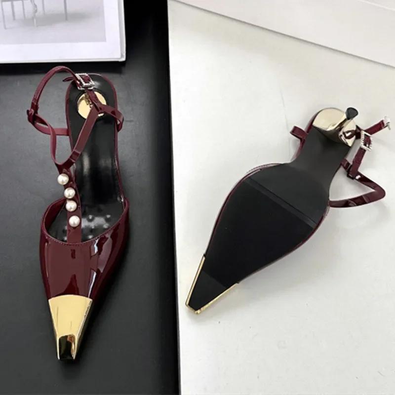 Sexy Metal Pointed Toe Stiletto Sandal Women Luxury Pearls Strap Buckle Designer High Heels Party Prom Shoes Summer Women Pumps
