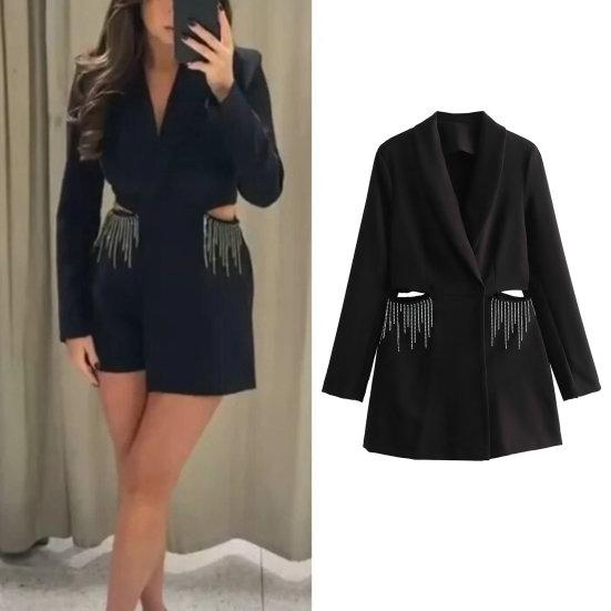 

Женский комбинезон с кисточками и лацканами с V-образным вырезом и длинными рукавами, однотонный однотонный комбинезон с высокой талией выше колена, свободный комбинезон OL для поездок на работу, осенне-весенний комбинезон