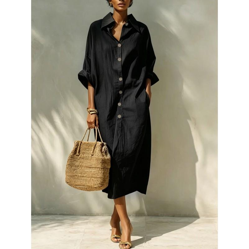 Abito Lungo Camicia Oversize da Donna con Collo a Revers Vestibilità Larga Manica Stile Coreano Casual Maxi