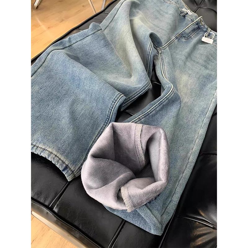 Women's Plus Size Velvet-Lined Wide-Leg Jeans - Retro Loose Fit, Washed, Autumn/Winter