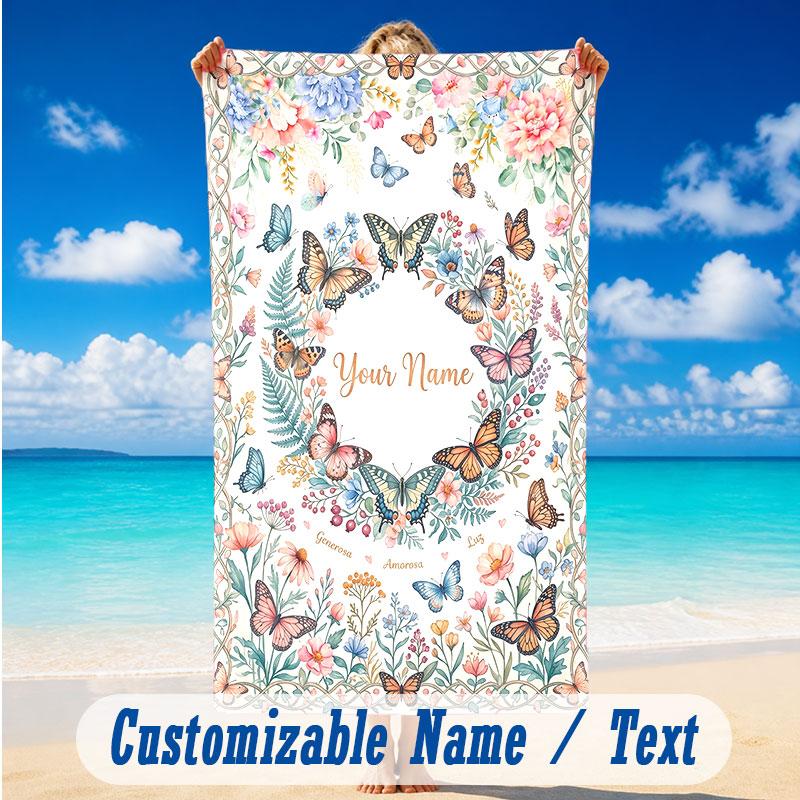 Butterfly Theme Beach Towel Personalized Custom Name & Text Soft Quick Dry Beach Towel for Swimming Travel