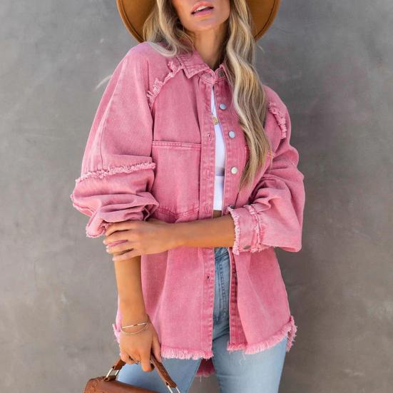 Giacca da donna in denim Colletto rovesciato Distress Orlo con frange Bottone Tasca grande Lavato Tinta unita Cappotto oversize da donna di media lunghezza oversize Lavato