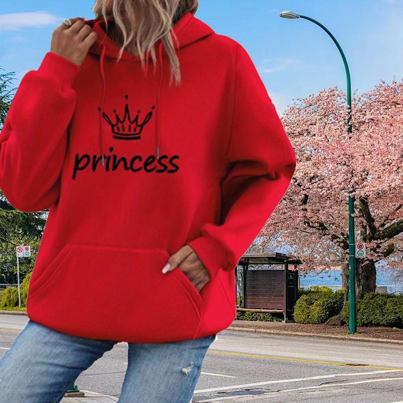 Womens Crown Letters Print Loose Hoodie Tops Blouse Sweatshirt Casual Long Sleeve Pullover Tops