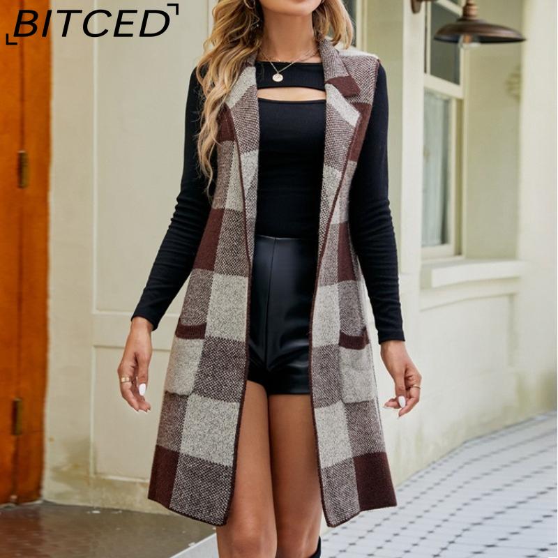 BITCED Women's Longline Blazer-Collar Sleeveless Knit Cardigan Check Jacquard Knitted Vest Outerwear Cardigan