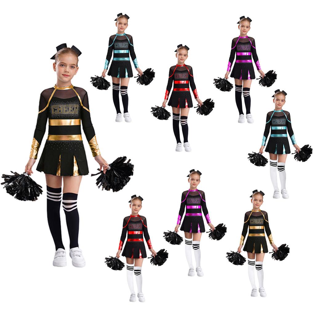 Dětské Dívčí Taneční kostýmy roztleskávačky Skládané šaty s dlouhým rukávem s mašlí Pokrývka hlavy Sada květin a ponožek