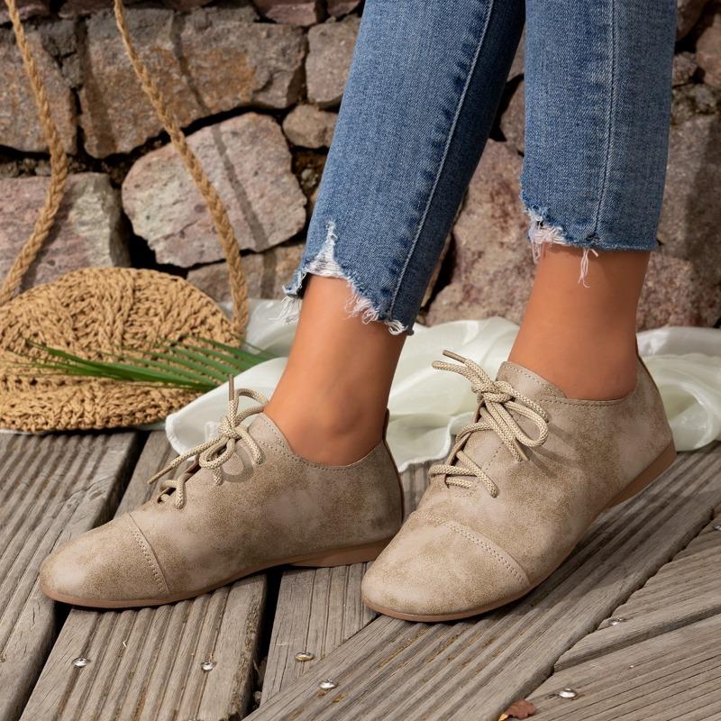 Retro Flat-bottomed Lace-up Single Shoes Women's Spring New Large-size Round-head Soft-soled Doudou Shoes Size 43