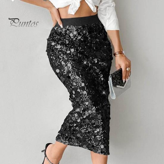 High-waisted Skirt Women High Waist Sexy Hip-Hugging Sequin Glitter Solid Midi Color Mid-calf Length Hip Wrapped Slimming Design Wedding Clubwear