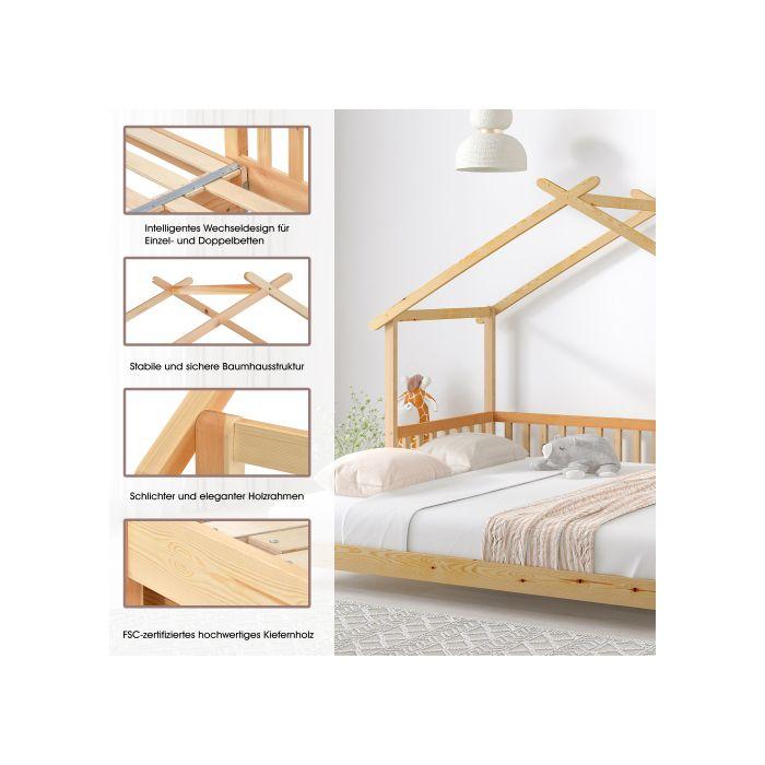 Lit cabane extensible, lit de maison, lit d'enfant, lit de jour, lit simple et double, bois massif pur, naturel (200x90cm)