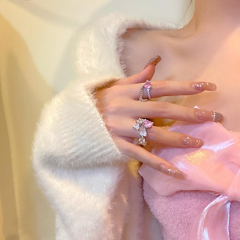 Light Luxury Pink Love Zircon Fringed Chain Open Ring Niche Design Sense Advanced Personality Sweet Cool Wind