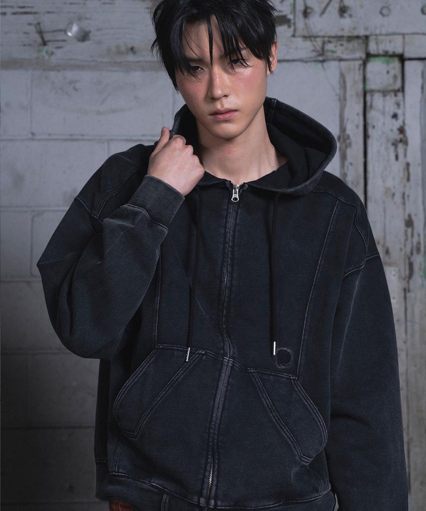 As You Think My Mind Line Point Vintage Zip-Up Hoodie_Black