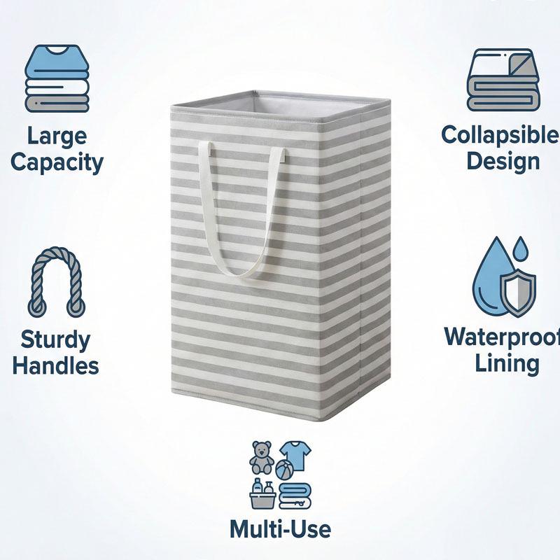 Foldable Striped Laundry Basket – Large Capacity Fabric Hamper for Dirty Clothes Storage