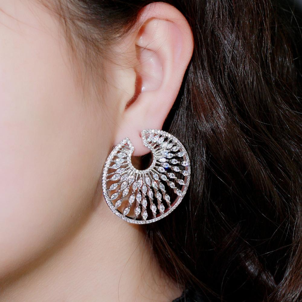 Disc Shape Micro-Inlaid Zircon Earrings Pin Copper Gold-Plated Personalized Round Large Earrings