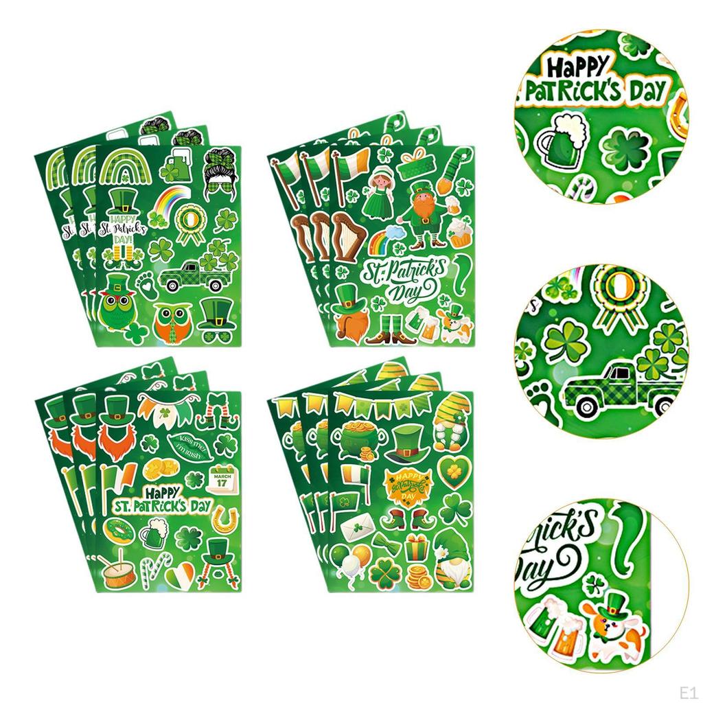 12 Sheets ST Patricks Day Stickers Green Accessories Four Leaf Clovers Decals for Album