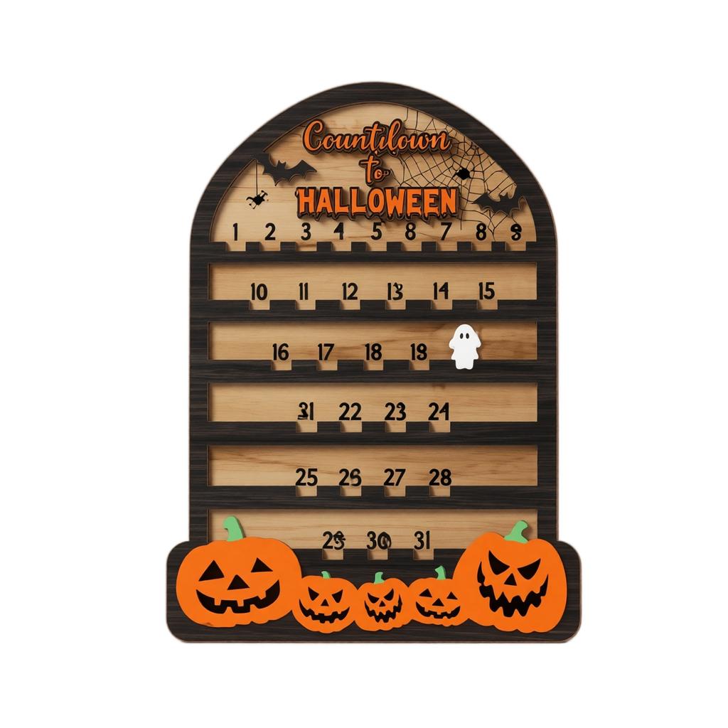Halloween Countdown Calendar Wooden Board with Pumpkin and Ghost Design Reusable Decorative Holiday Countdown Display for Home Office School Party