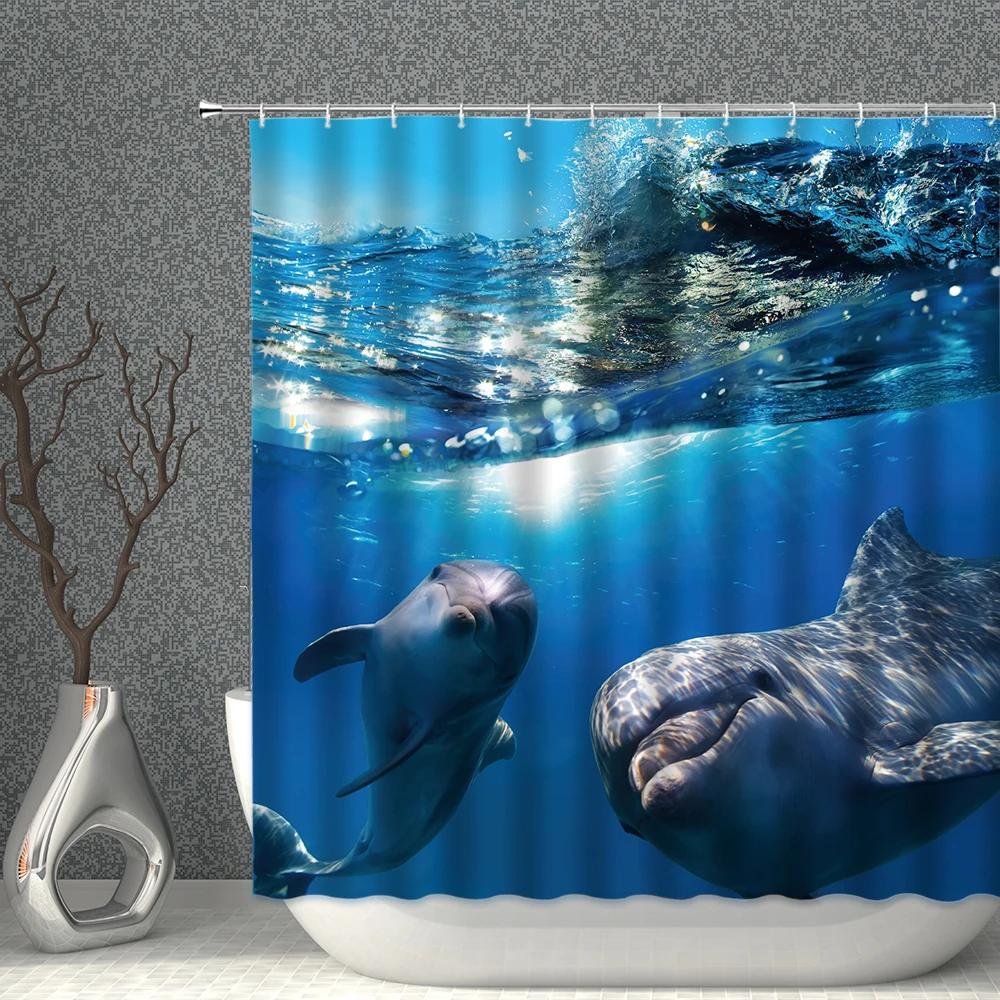 Marine Animal Underwater World Shower Curtain Waterproof Polyester Fabric Whale Dolphin Background Home Decoration With Hooks