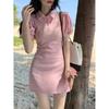 Short Sweet Princess Design Polo Neck Dress Women's Waist Skinny French Bubble Short Sleeve T-Shirt Short Skirt