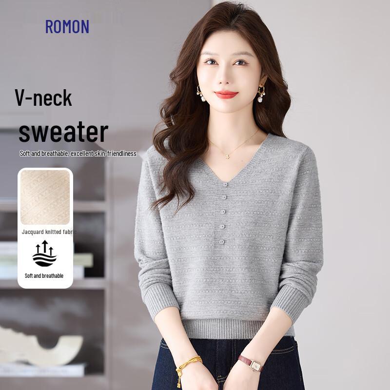 Women's Solid V-Neck Jacquard Knit Sweater