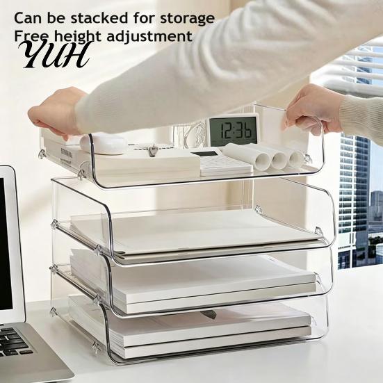 Clear Plastic Desk Organizer Large Capacity for Documents Files Letters A4 Paper Book Notes Mail, Stackable Tray Dormitory Tray, File Storage