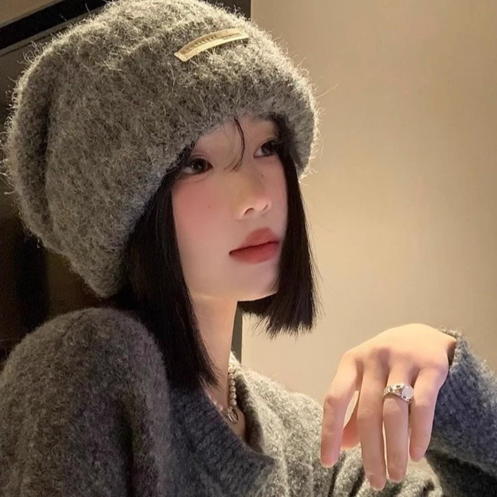 All-match Knitted Pullover Hat Solid Color Brimless Beanie Cap Fashion Plush Woolen Hat  Female