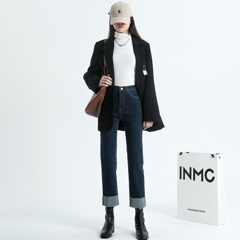 

Осенние утолщенные теплые эластичные прямые свободные джинсы с высокой талией, женские тонкие винтажные уличные брюки в стиле Харадзюку, трендовые джинсовые широкие брюки 30 синий