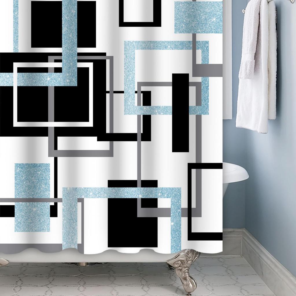 Baocicoo Modern Geometric Shower Curtain Sets Black White Blue Shower Curtains for Bathroom Geometry Squares Abstract Minimalism