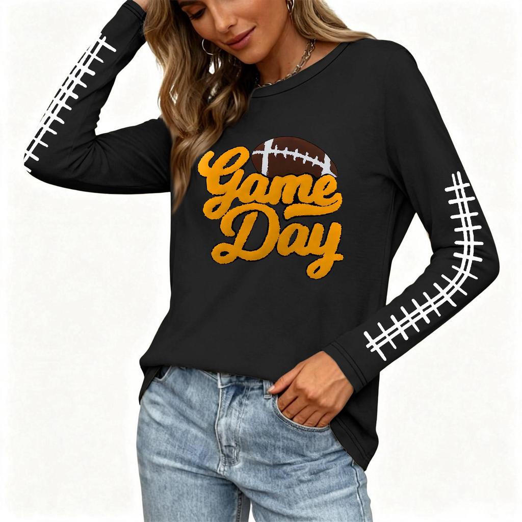 Women's Stylish Long Sleeve Rugby-Inspired Printed Top, Neck with Side Slit for Casual Wear