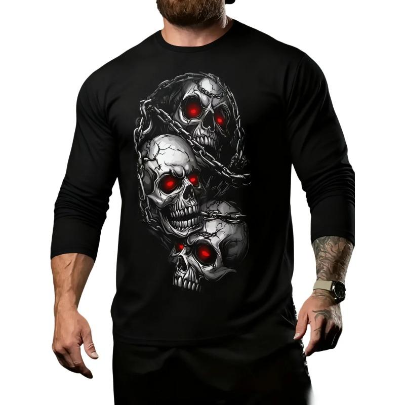 Round Neck 3D Skull Printed T-shirts Casual Short Sleeved Men's T-shirts - Soft Medium Stretch Polyester Fabric Spring and Autumn Relaxed Fit Clothing