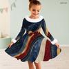 Girls High Neck Long Sleeve Tropical Leaf Printed A Line Flared Dress With Waist Bow And Furry Trim