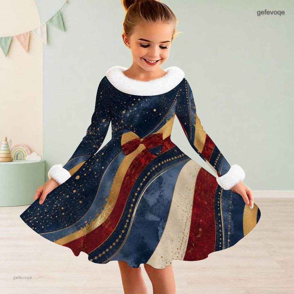 Girls High Neck Long Sleeve Tropical Leaf Printed A Line Flared Dress With Waist Bow And Furry Trim