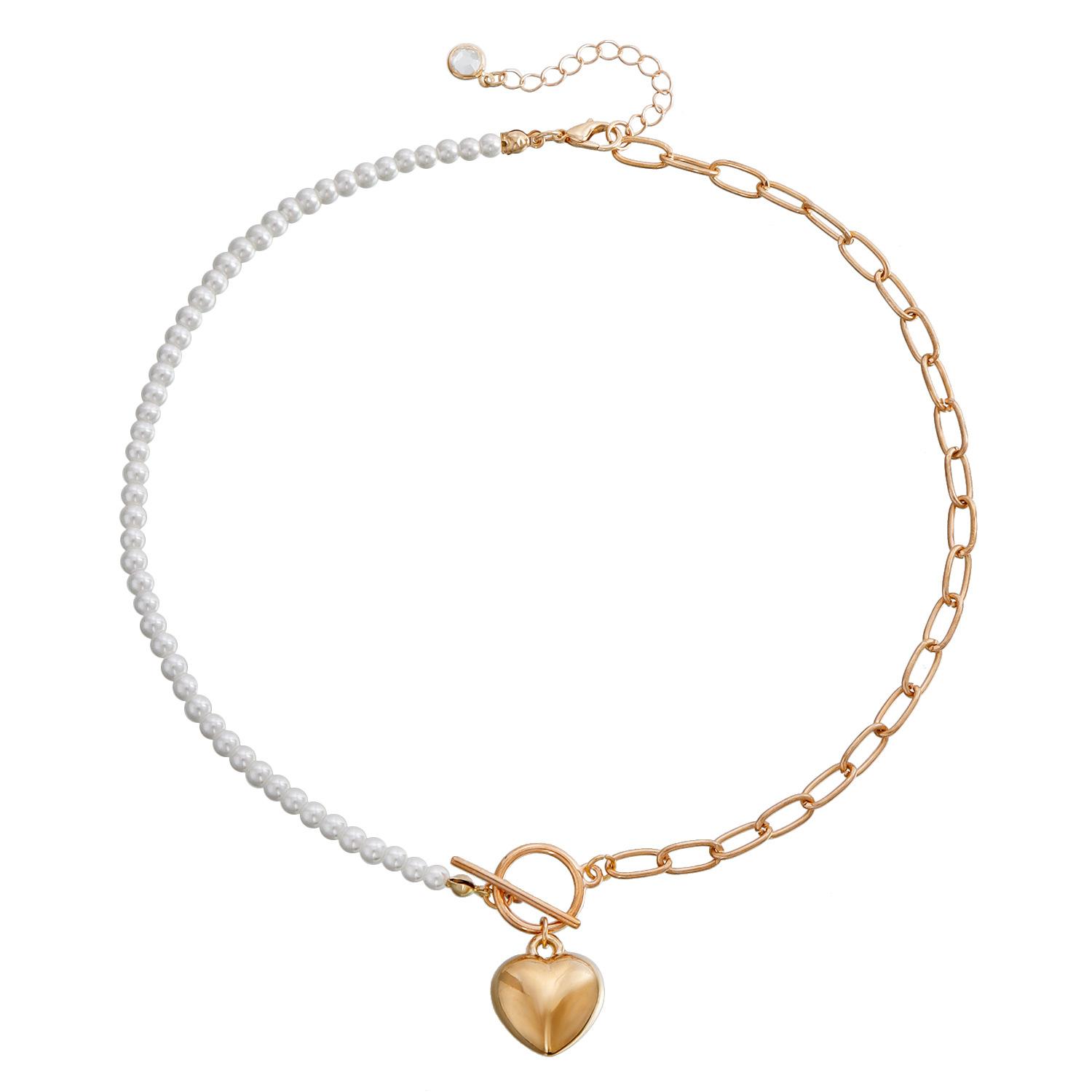 Simple small imitation pearl splicing chain necklace, geometric love pendant necklace