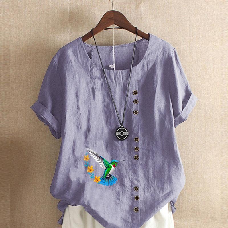Women's Fashion Round Neck Short Sleeve T-shirt Casual Cotton Linen Graphic Shirt Leisure Loose Bird Prined Summer Blouse Tops