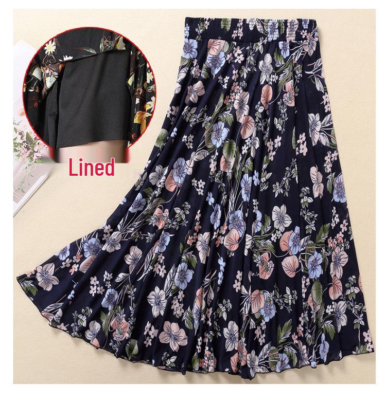 Women's Summer Midi Skirt with Lining - Elegant Swing Ice Silk for Middle-Aged and Elderly