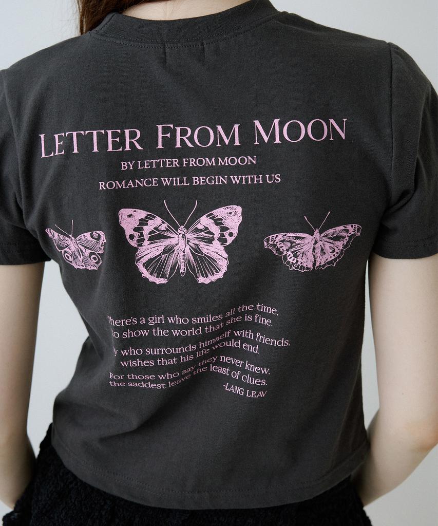 LETTER FROM MOON Triple Butterfly Embroidery Short Sleeve T-Shirt (Charcoal)