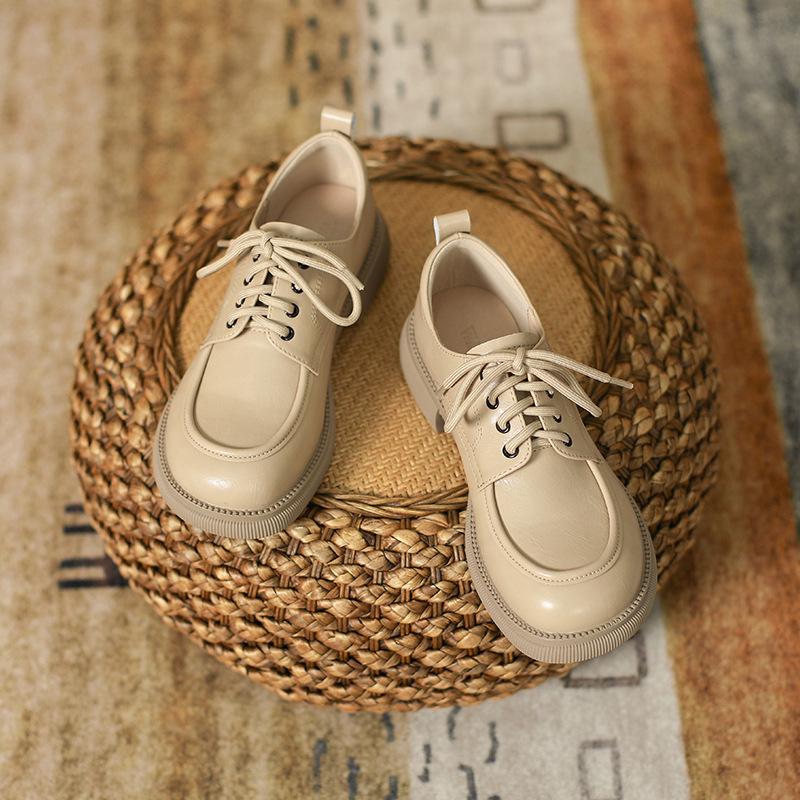 Women's Genuine Leather Lace-up Loafers - Spring/Summer 2024 Slip-on Flats with Soft Sole