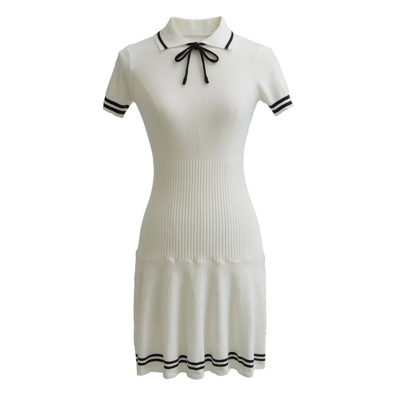 

Yu Shuxin Same Frankies Preppy Style Elegant White Lapel Waist Trimming Short-Sleeved Stripes Knitting Dress White Knitting(High quality) S