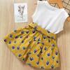 Korean Version of Summer Girls' Bow Sleeveless Cotton T-shirt + Printed Shorts Two-piece Suit Best-selling Style