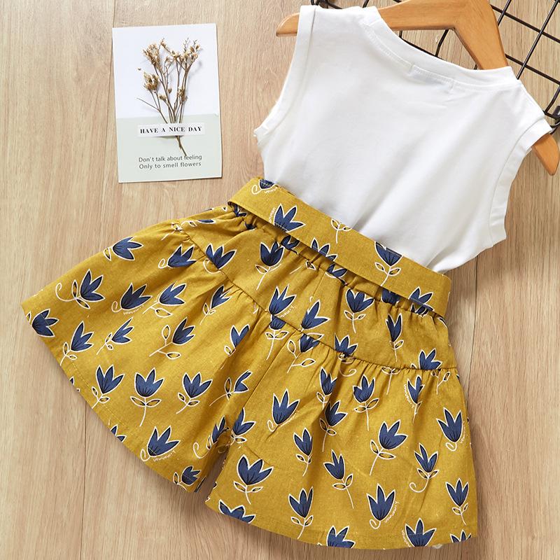 Korean Version of Summer Girls' Bow Sleeveless Cotton T-shirt + Printed Shorts Two-piece Suit Best-selling Style