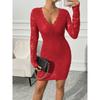 Damen V-Ausschnitt Spitze Langarm Bodycon Kleid Party Elegant Kurz Schwarz Grün Rot Gelb
