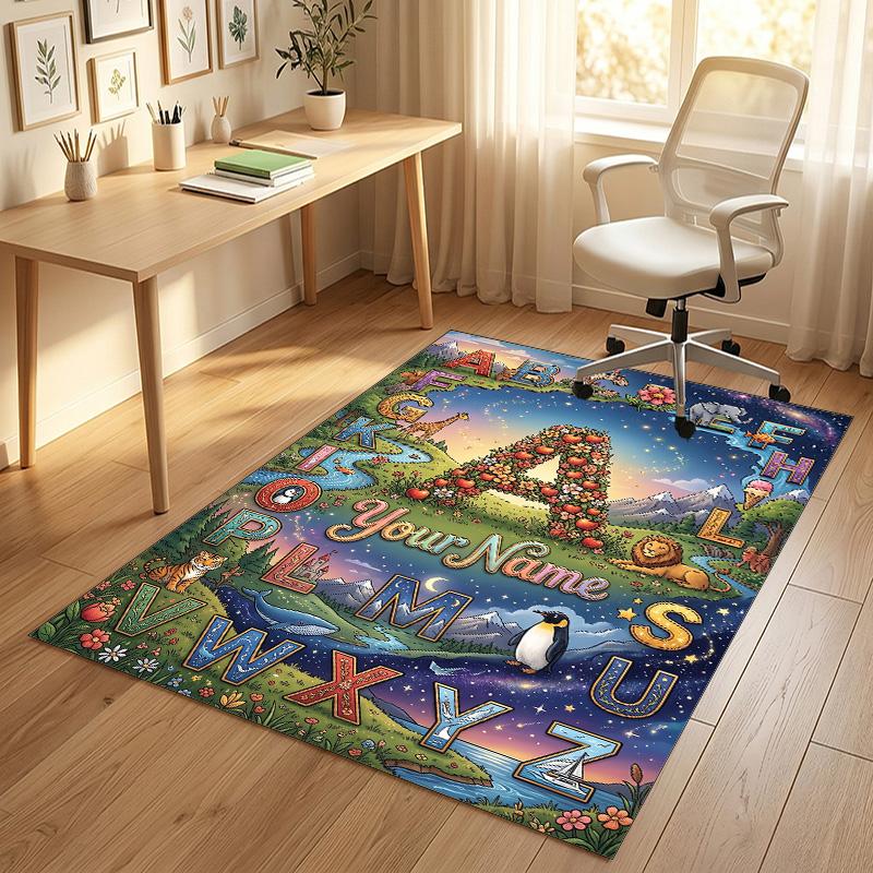 Adventure Alphabet Theme Soft Crystal Velvet Rug Custom Name & Text Print Non Slip Floor Rug for Bedroom Living Room