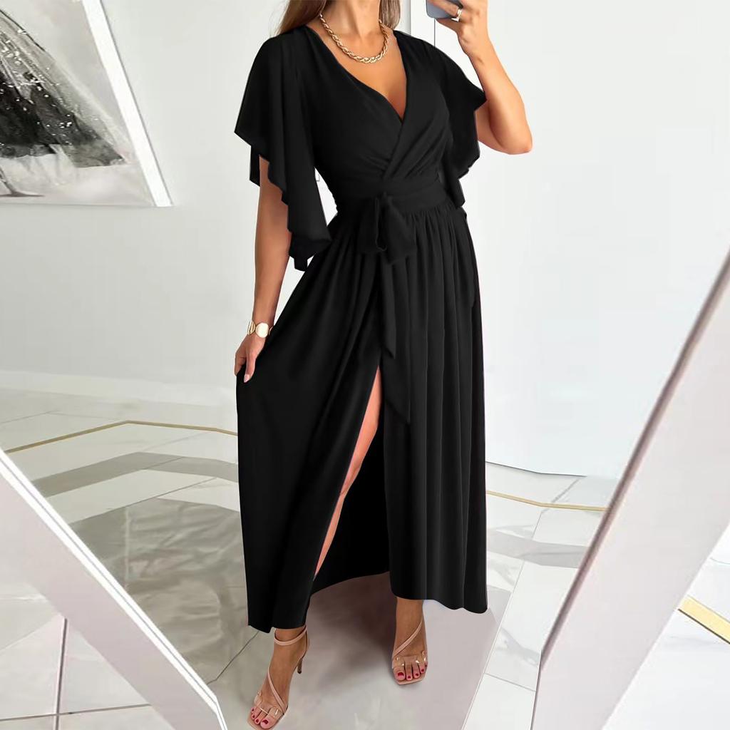 Women's Casual Color Irregular Flared Sleeves Loose V Neck Long Dress