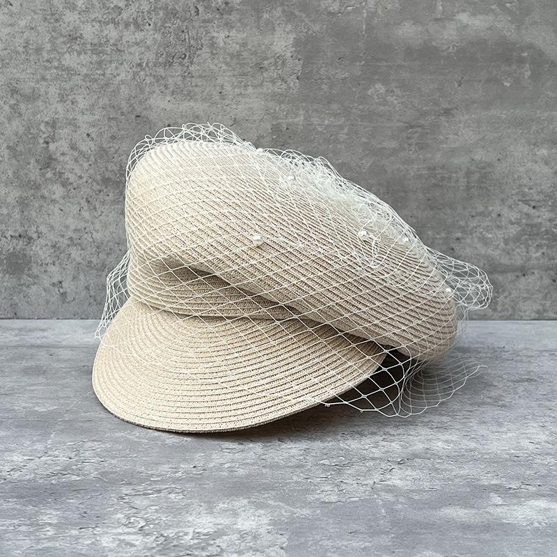 Elegante Netz-Perlen-Baskenmütze Schiebermütze Japanische Faltenkappe Damen Sommer-Ausflug Sonnenschutz-Strohhut Nischen-Reithut