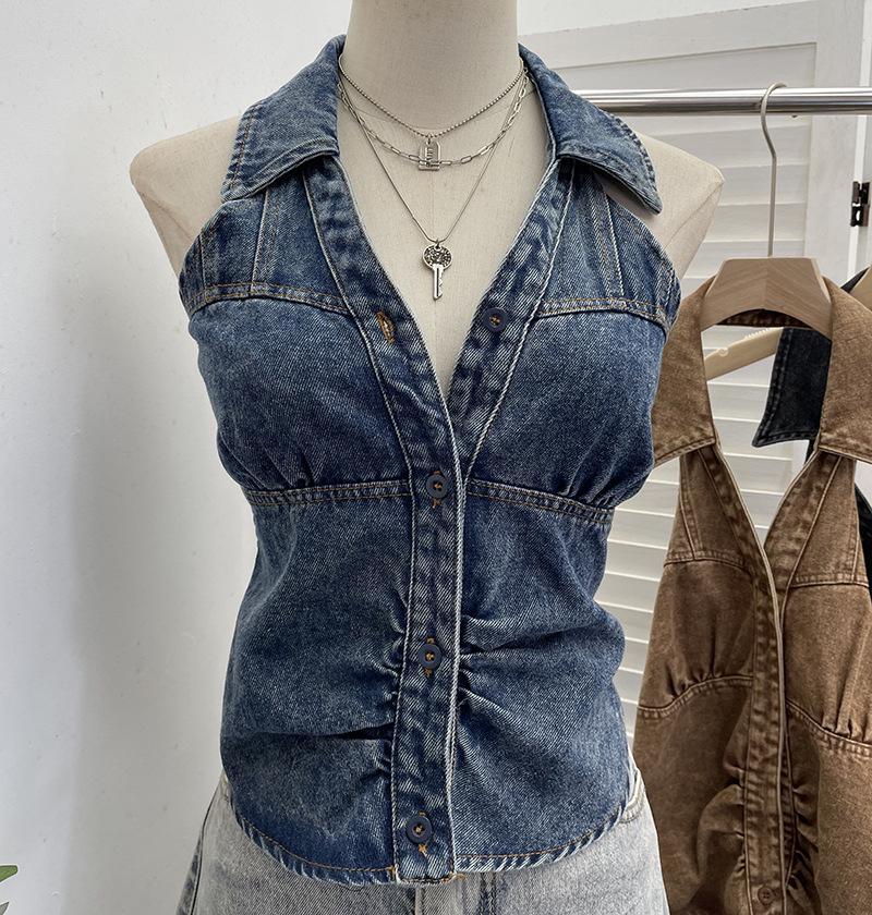 Women's Halter V-Neck Denim Vest: Body-Hugging, Elastic Back, Short, Sleeveless Top. Style 830.