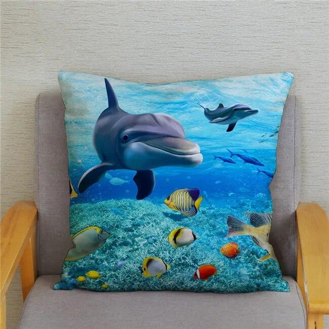 Cushion Cover Ocean Dolphin Pattern Underwater World Print Pillow  Kids Sofa Home Decor
