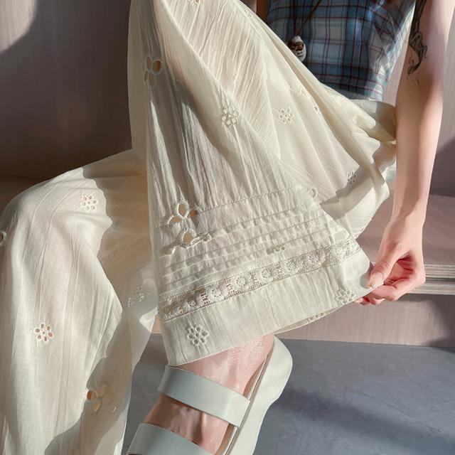 Niche Design Hollow Lace Patchwork Casual Pants Women's Summer High Waist Loose Wide Leg Lazy Style Straight Leg Pants