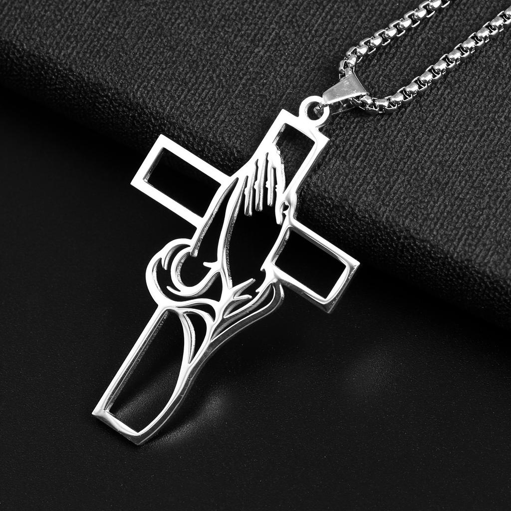 A Stainless Steel Pendant Cross Necklace Is A Religious Prayer Jewelry Talisman For Men Believers As A Gift.