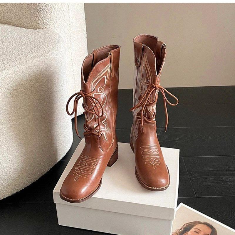 New Style Women Zipper Knight Boots Ladies Autumn Thick Sole Chunky Heel Retro Boot Pointed Toe Shoes Embroidered Cowboy
