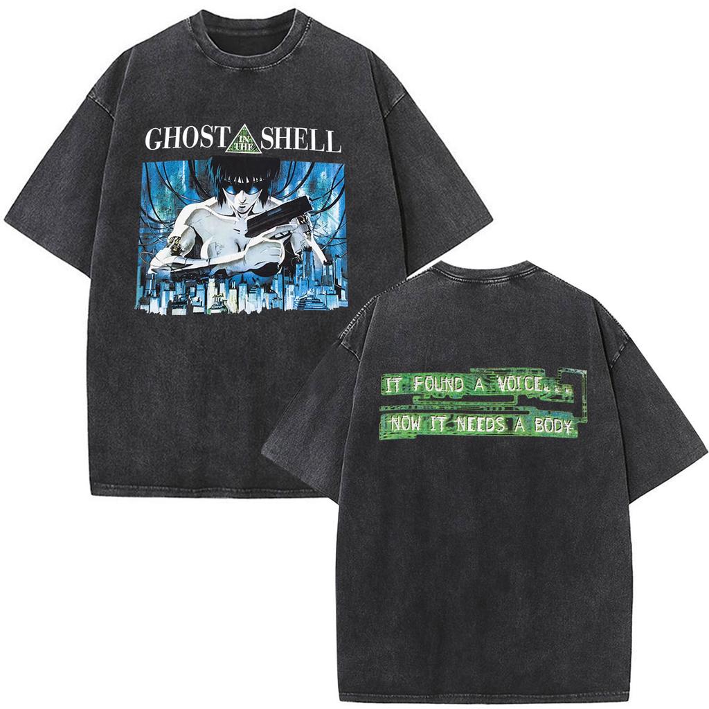 Anime Ghost In The Shell Motoko Kusanagi Vintage Washed T Shirts Men Women Clothing Casual Short Sleeve Oversized Tshirts Tops