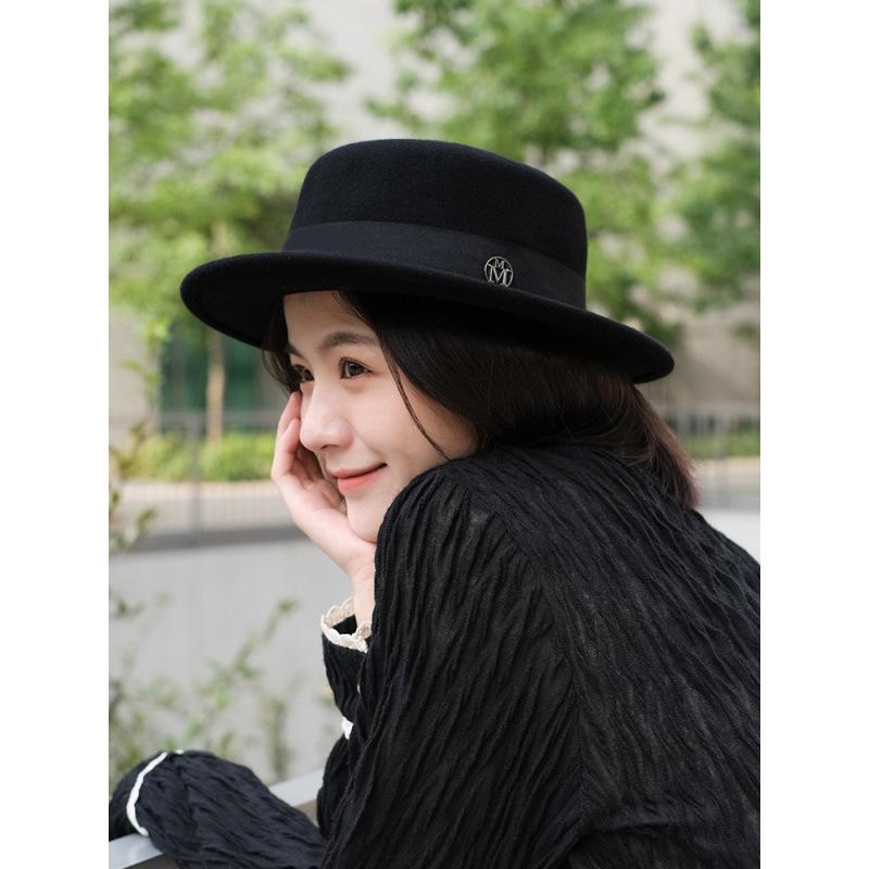 M hat women's autumn and winter versatile short-brimmed top hat woolen flat edge big head circumference hat French flat top hat men's short hair