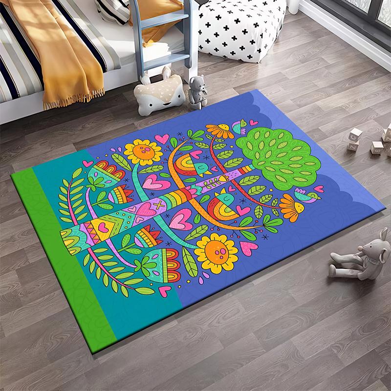 Colorful Tree of Life Pattern with Flowers, Hearts, and Birds Carpet Suitable for Use As an Anti-slip for Living Room Bedroom Sofas