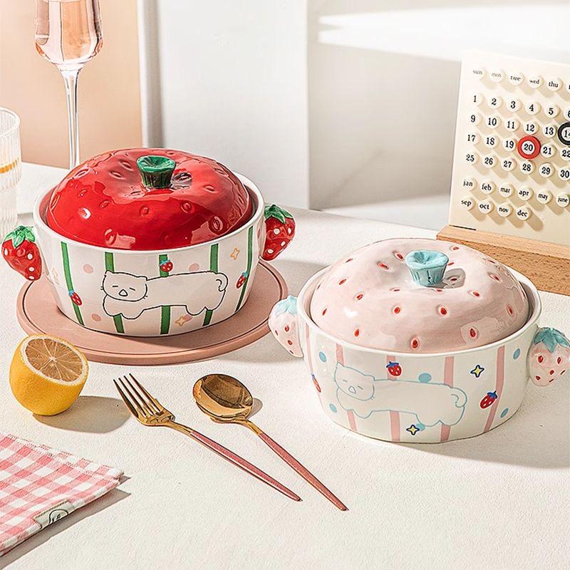 Süße Keramik-Ramen-Schüssel mit Deckel, Nudelsuppenschüssel für Zuhause & Studenten